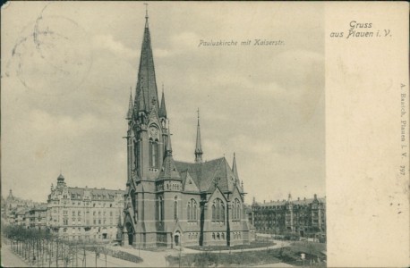 Alte Ansichtskarte Plauen, Pauluskirche mit Kaiserstr.