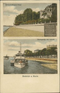 Alte Ansichtskarte Wiesbaden-Biebrich, Richard-Wagner-Haus, Rheinpartie mit Schloß