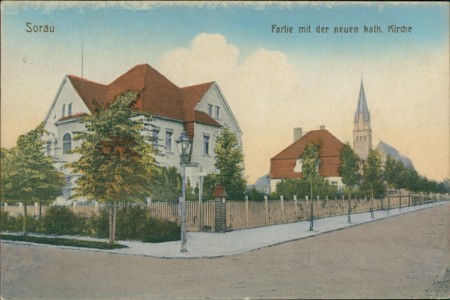 Alte Ansichtskarte Sorau / Żary, Partie mit der neuen kath. Kirche