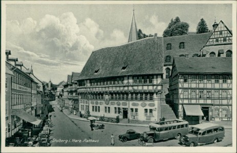 Alte Ansichtskarte Stolberg (Harz), Rathaus, Omnibus
