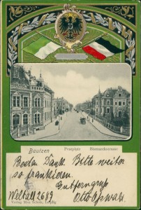 Alte Ansichtskarte Bautzen, Postplatz, Bismarckstrasse, Wappen