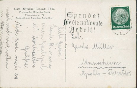Adressseite der Ansichtskarte Pößneck, Café Dittmann