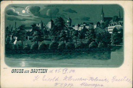 Alte Ansichtskarte Bautzen, Teilansicht im Mondschein