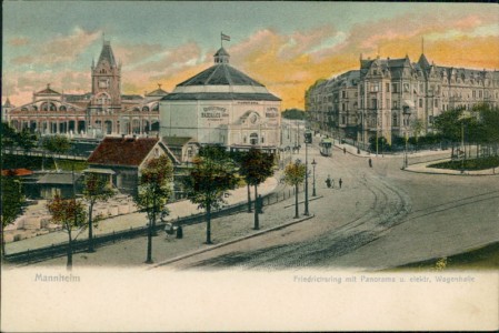 Alte Ansichtskarte Mannheim, Friedrichsring mit Panorama u. elektr. Wagenhalle