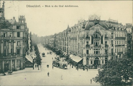 Alte Ansichtskarte Düsseldorf, Blick in die Graf Adolfstrasse, Straßenbahn