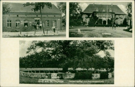 Alte Ansichtskarte Gruß aus Gr. Degesee, Gasthaus Willy Griebner, Fernruf Stallupönen 520, Gutshaus, Heldenfriedhof mit Napoleons-Eiche