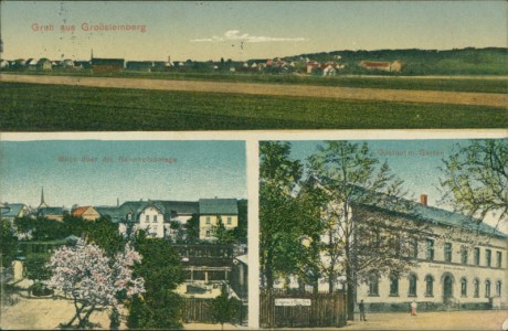 Alte Ansichtskarte Parthenstein-Großsteinberg (Naunhof), Gesamtansicht, Blick über die Bahnhofsanlage, Gasthof m. Garten