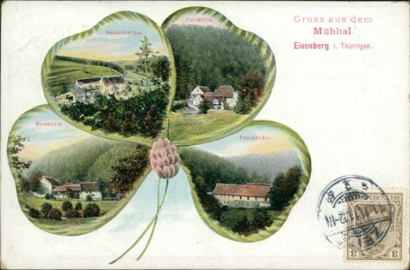 Alte Ansichtskarte Eisenberg i. Thüringen, Naupoldsmühle, Pfarrmühle, Waikmühle, Froschmühe