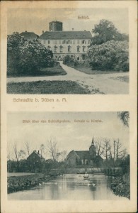 Alte Ansichtskarte Schnaditz b. Düben a. M., Schloß. Blick über den Schloßgraben. Schule u. Kirche
