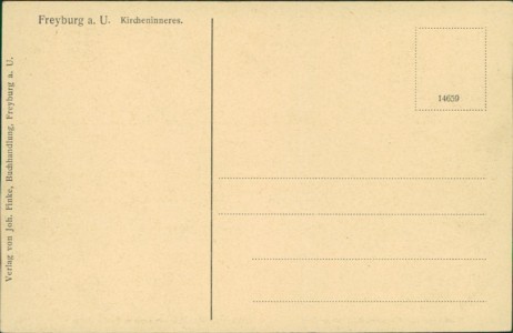 Adressseite der Ansichtskarte Freyburg a. U., Kircheninneres. Hochaltar aus Vorprotestantischer Zeit. Epitaph d. Schloßhauptmanns v. Taubenheim v. Jahre 1536