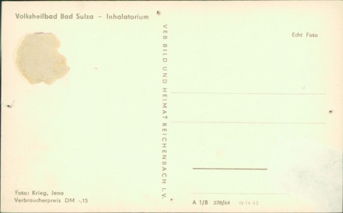 Adressseite der Ansichtskarte Bad Sulza, Inhalatorium (siehe Erhaltung)
