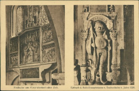 Alte Ansichtskarte Freyburg a. U., Kircheninneres. Hochaltar aus Vorprotestantischer Zeit. Epitaph d. Schloßhauptmanns v. Taubenheim v. Jahre 1536