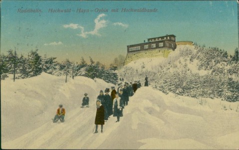 Alte Ansichtskarte Hochwald - Hayn - Oybin mit Hochwaldbaude, Rodelbahn