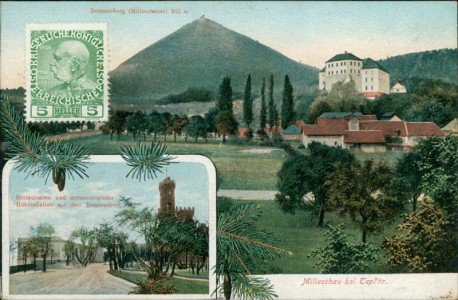 Alte Ansichtskarte Milleschau / Milešov, Donnersberg (Milleschauer) 835 m, Restauration und meteorologische Höhenstation auf dem Donnersberg