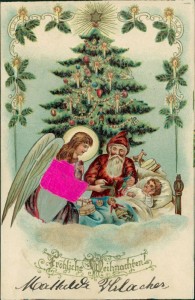 Alte Ansichtskarte Fröhliche Weihnachten, Weihnachtsmann mit Engel vor Tannenbaum (Gewand des Engels mit Seidenapplikation)
