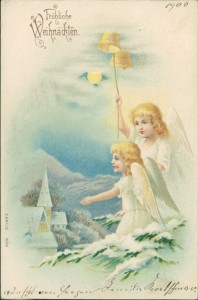 Alte Ansichtskarte Fröhliche Weihnachten , Engel läuten Glocken
