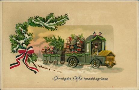 Alte Ansichtskarte Innigste Weihnachtsgrüße, LKW mit Hänger voll beladen mit Geschenken