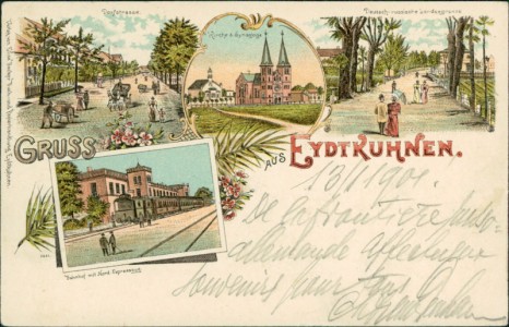 Alte Ansichtskarte Eydtkau / Eydtkuhnen / Tschernyschewskoje, Dorfstrasse, Kirche & Synagoge, Deutsch-russische Landesgrenze, Bahnhof mit Nord-Expresszug