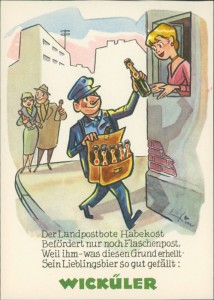 Alte Ansichtskarte Wicküler-Brauerei, Der Landpostbote Habekost befördert nur noch Flaschenpost, weil ihm - was diesen Grund erhellt - Sein Lieblingsbier so gut gefällt: Wicküler