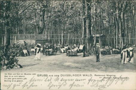 Alte Ansichtskarte Gruss aus dem Duisburger Wald, Restaurant Monning. Besitzer Georg Deuerlein