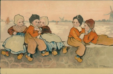 Alte Ansichtskarte Ethel Parkinson, Kinder am Meer, Windmühlen