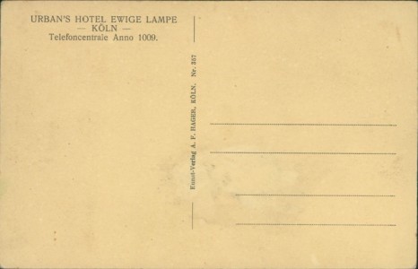 Adressseite der Ansichtskarte Köln, Urban's Hotel Ewige Lampe, Lesezimmer