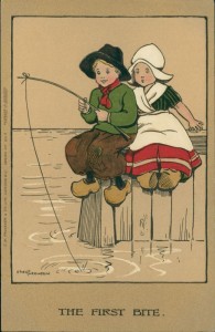 Alte Ansichtskarte Ethel Parkinson, The first bite, Kinder beim Angeln