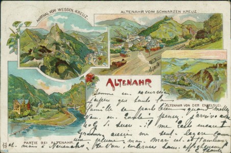 Alte Ansichtskarte Altenahr, Ahrtal vom weissen Kreuz, Altenahr vom schwarzen Kreuz, Partie bei Altenahr, Altenahr von der Engelslei