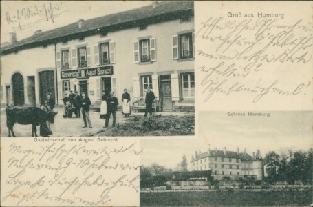 Alte Ansichtskarte Homburg-Bidingen / Hombourg-Budange, Gastwirtschaft von August Sebrecht, Schloss Homburg