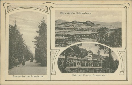 Alte Ansichtskarte Bonn, Hotel und Pension Casselsruhe, Tannenallee zur Casselsruhe, Blick auf das Siebengebirge