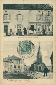 Alte Ansichtskarte Lommeringen / Lommerange, Wirtschaft Lacolombe Nicolas, Schule und Kirche