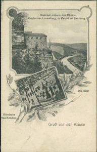 Alte Ansichtskarte Gruß von der Klause, Grabmal Johann des Blinden, Grafen von Luxemburg, zu Kastel bei Saarburg