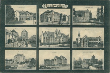 Alte Ansichtskarte Eschweiler, Mehrbildkarte mit Hauptbahnhof, Realschule und Kreispflegehaus