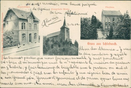 Alte Ansichtskarte Leverkusen-Schlebusch, Gemeindehaus, Evangelische Kirche, Pfarrhaus