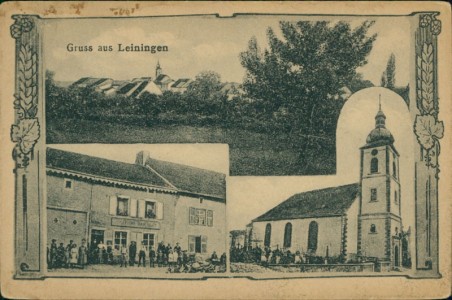 Alte Ansichtskarte Gruss aus Leiningen, Gesamtansicht, Kirche, Gasthaus oder Handlung