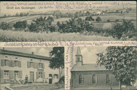 Alte Ansichtskarte Guisingen / Guising, Total, Kolonialwaren-Handlung von Peter Montnacher, Kapelle