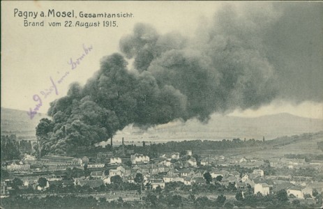 Alte Ansichtskarte Pagny-sur-Moselle, Brand vom 22. August 1915