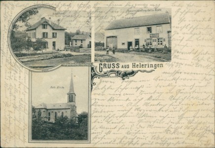 Alte Ansichtskarte Heleringen / Hellering-lès-Fénétrange, Schulhaus, Spezereihandlung Odilia Kuntz, Kath. Kirche