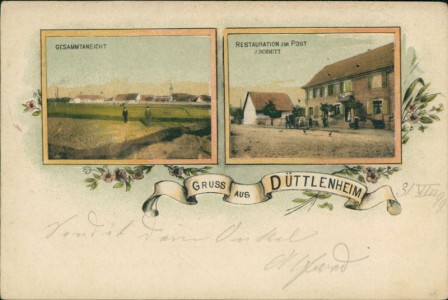 Alte Ansichtskarte Düttelnheim / Duttlenheim, Gesamtansicht, Restauration zur Post J. Schmitt