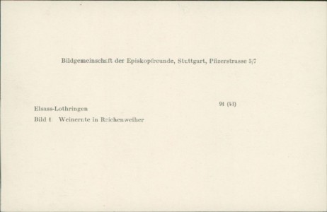 Adressseite der Ansichtskarte Reichenweier / Riquewihr, Weinernte (chromo ca. 13,5 x 8,5 cm)