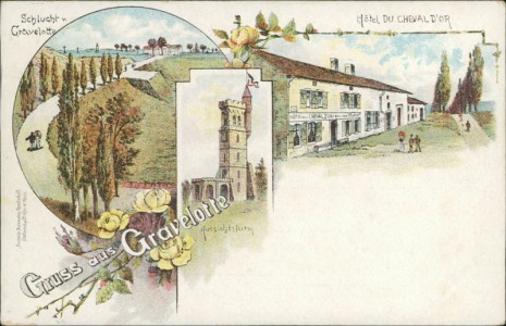 Alte Ansichtskarte Gravelotte, Schlucht v. Gravelotte, Hôtel du cheval d'or, Aussichtsturm