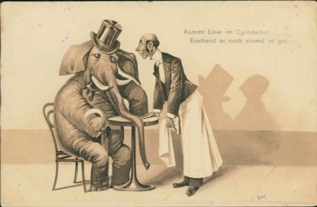 Alte Ansichtskarte Elefant mit Zylinder im Café, Kellner nimmt Bestellung auf
