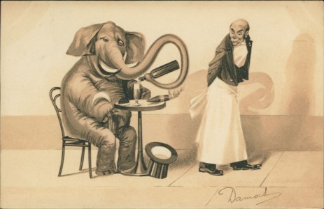 Alte Ansichtskarte Elefant mit Zylinder im Café, Elefant schenkt sich ein Glas Wein ein