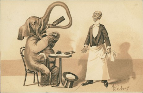 Alte Ansichtskarte Elefant mit Zylinder im Café, Elefant leert Weinflasche