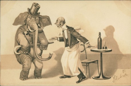Alte Ansichtskarte Elefant mit Zylinder im Café, Kellner kassiert