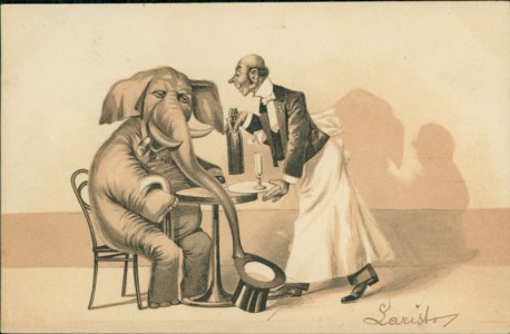 Alte Ansichtskarte Elefant mit Zylinder im Café, Kellner bringt eine Flasche Wein