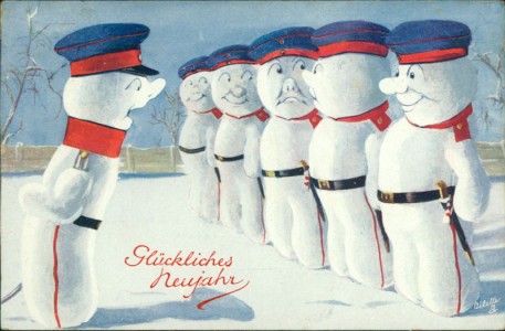 Alte Ansichtskarte Glückliches Neujahr, Schneemänner