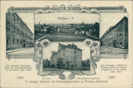 Alte Ansichtskarte Freiberg i. S., 75 jähriges Jubiläum der Knabenbürgerschule zu Freiberg (Sachsen)