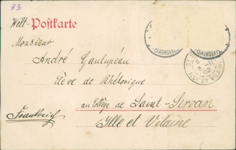 Adressseite der Ansichtskarte Gruss aus Freiberg, Brunnendenkmal des Markgrafen Otto des Reichen