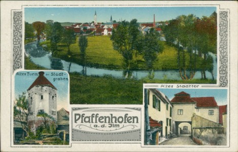 Alte Ansichtskarte Pfaffenhofen a.d. Ilm, Gesamtansicht, Alter Turma am Stadtgraben, Altes Stadttor